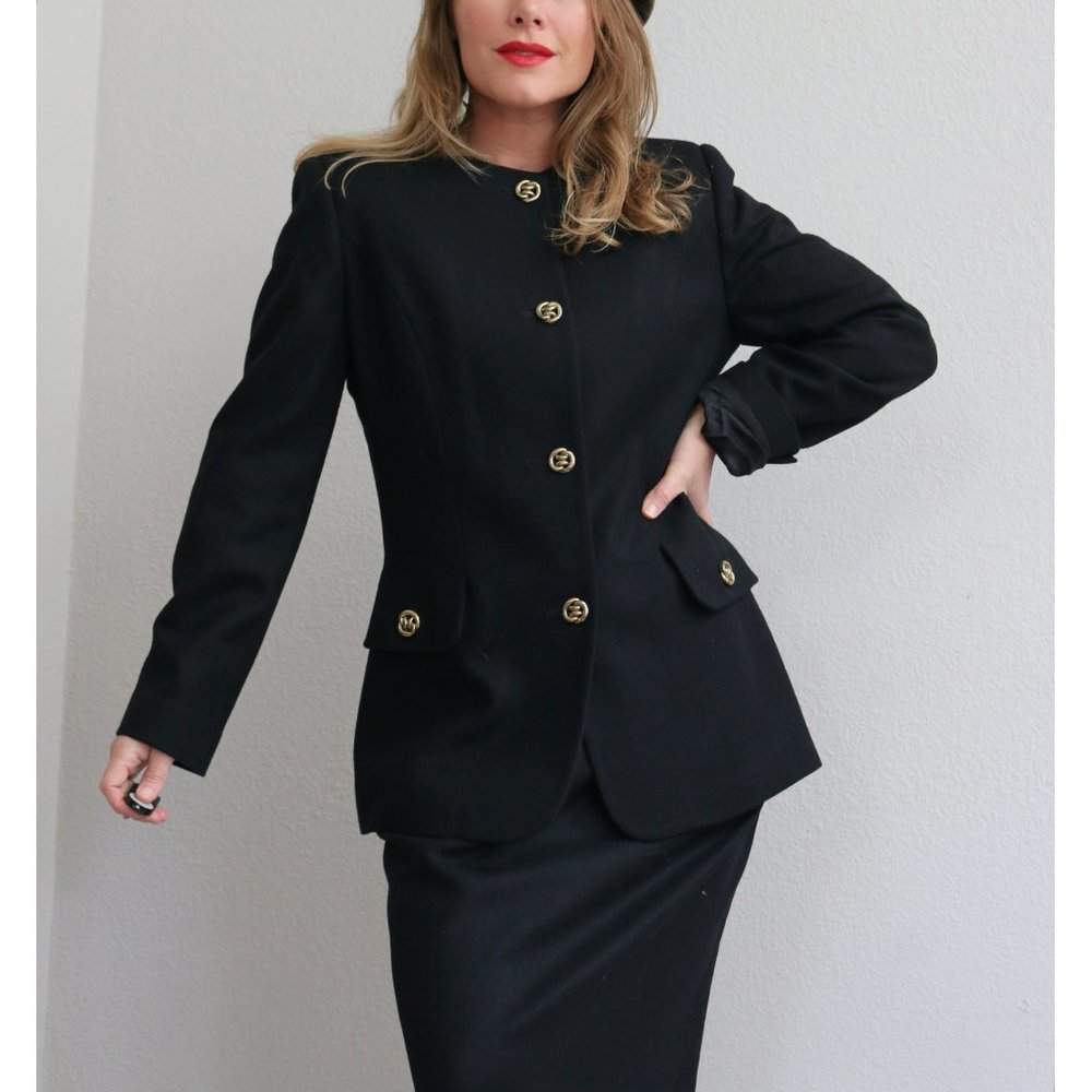 1990's Oleg Cassini Black Wool Suit Set // Women's Size Small // Structured